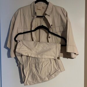 Beige Button-Up Shirt and Skort Set